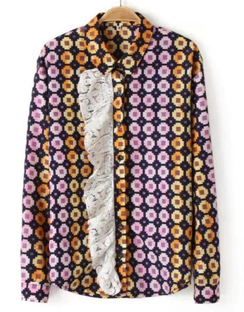 Romwe Geometric Print Lace Embellished Blouse