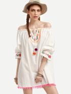 Romwe Beige Off The Shoulder Embroidered Shift Dress