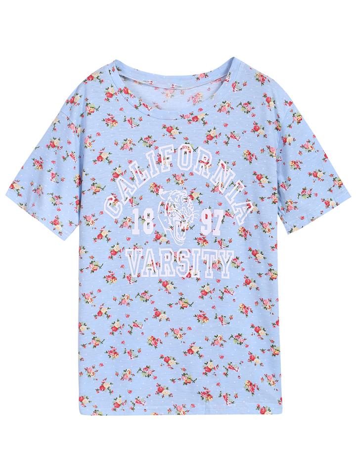 Romwe Floral Letters Print Blue T-shirt