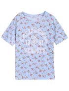 Romwe Floral Letters Print Blue T-shirt