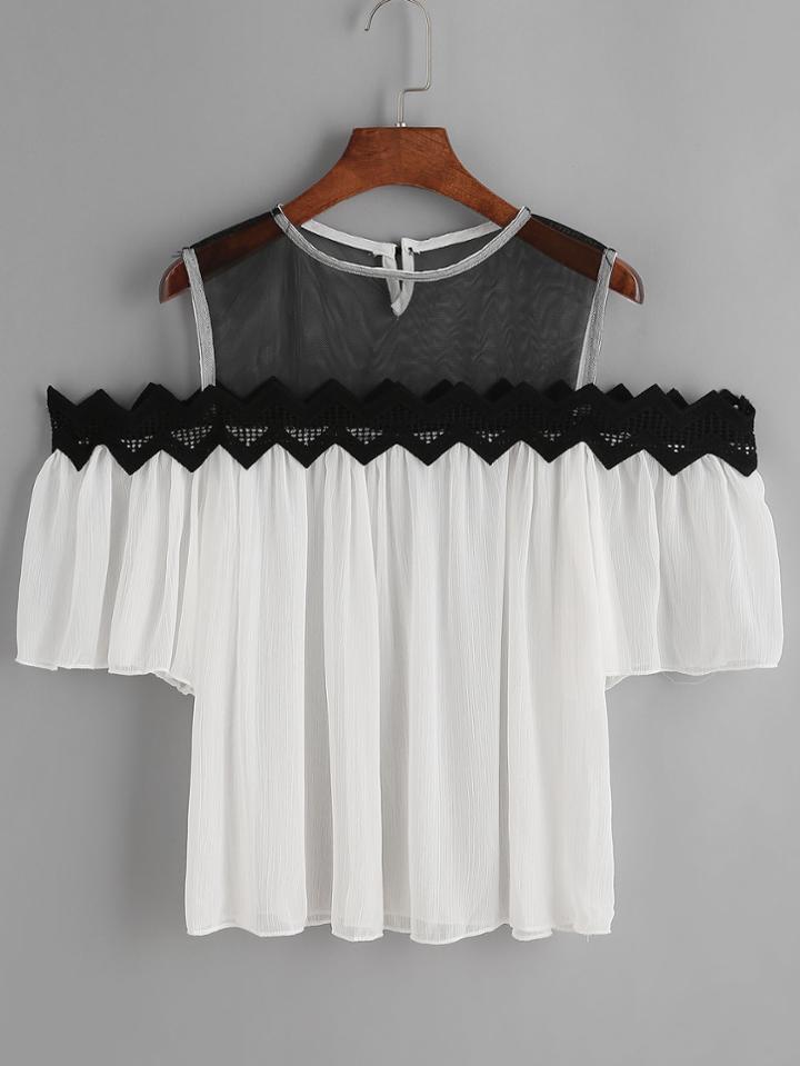 Romwe Contrast Mesh Lace Trim Frill Blouse