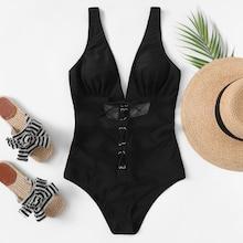 Romwe Contrast Mesh Lace-up Low Back One Piece Swim