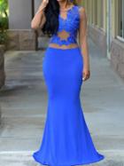 Romwe Blue Lace Applique Fishtail Maxi Dress
