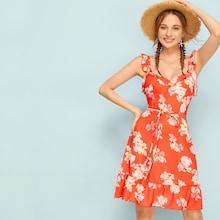 Romwe Floral Print Ruffle Trim Tie Front Cami Dress