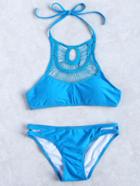 Romwe Blue Cutout Design Halter Bikini Set