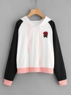 Romwe Contrast Raglan Sleeve Rose Patch Hoodie