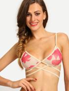 Romwe Strappy Flower Print Bikini Top - Red