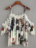 Romwe White Tropical Print Crochet Applique Cold Shoulder Top