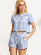 Romwe Blue Striped Short Sleeve Top With Shorts Suits