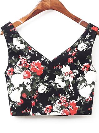 Romwe V Neck Floral Crop Black Tank Top