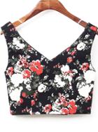 Romwe V Neck Floral Crop Black Tank Top