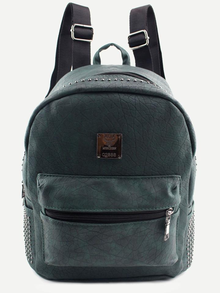 Romwe Dark Green Pu Logo Patch Front Pocket Studded Backpack