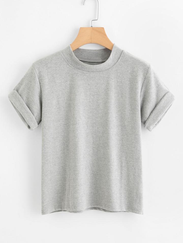 Romwe Stand Neck Cuffed Tee
