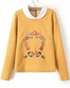 Romwe Lapel Embroidered Crop Yellow Sweatshirt