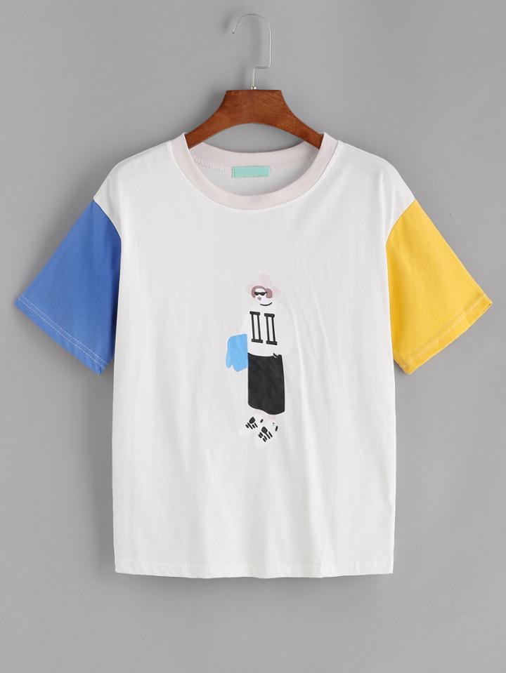 Romwe Color Block Print Ringer Tee