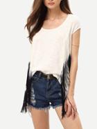 Romwe Beige Cap Sleeve Tassel T-shirt