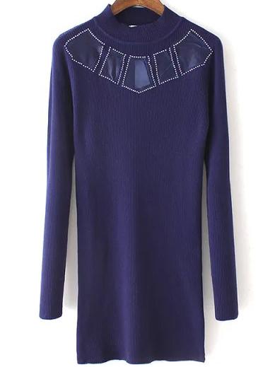 Romwe Mock Neck Beaded Patch Long Navy Sweater