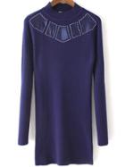 Romwe Mock Neck Beaded Patch Long Navy Sweater