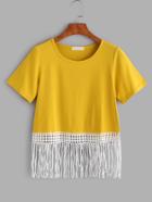 Romwe Yellow Contrast Fringe Lace Trim T-shirt