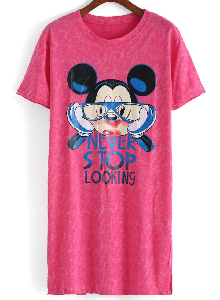 Romwe Mickey Print Shift Rose Red Dress