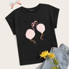 Romwe Faux Fur Flamingo Embroidered Tee