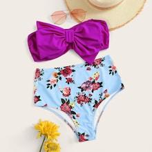 Romwe Neon Purple Random Floral Bow Decor Bandeau Bikini