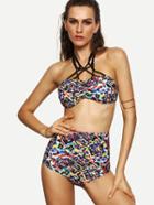 Romwe Macrame Halter Neck Multicolor Abstract Print Bikini Set