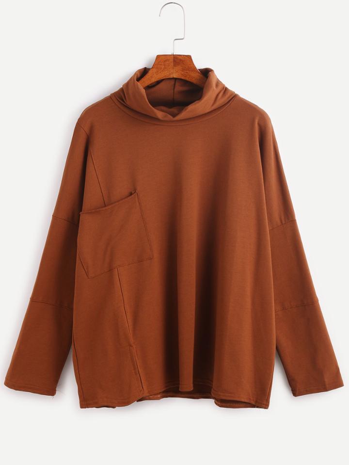 Romwe Khaki Cowl Neck Drop Shoulder Pocket T-shirt