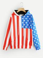 Romwe American Flag Print Drawstring Hooded Sweatshirt