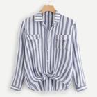Romwe Dual Pocket Knot Hem Striped Shirt