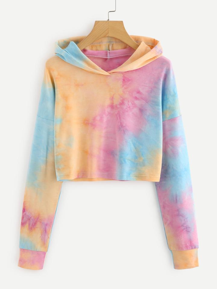 Romwe Drop Shoulder Tie Dye Crop Hoodie