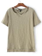 Romwe Light Army Green V Neck Cut Out Casual T-shirt