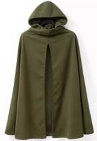Romwe Hooded Front Split Batwing Green Coat