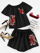 Romwe Rose Embroidered Applique Top With Drawstring Waist Shorts
