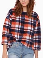 Romwe Round Neck Long Sleeve Plaid Blouse