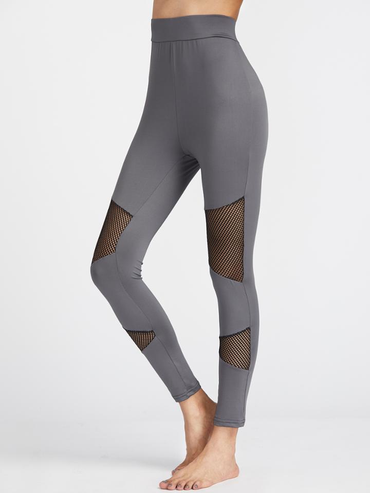 Romwe Grey Contrast Eyelet Mesh Insert Leggings