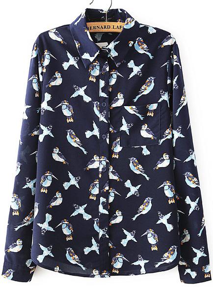 Romwe Navy Lapel Birds Print Loose Blouse