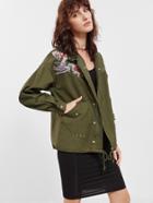 Romwe Olive Green Drop Shoulder Embroidered Drawstring Jacket