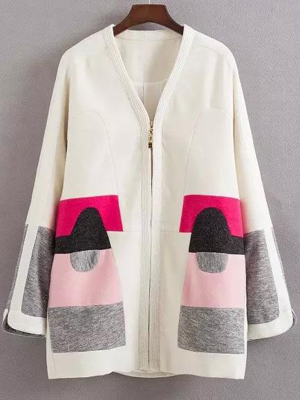 Romwe Color-block Long Sleeve Zipper Coat