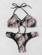 Romwe Palm Leaf Print Crisscross Detail Bikini Set