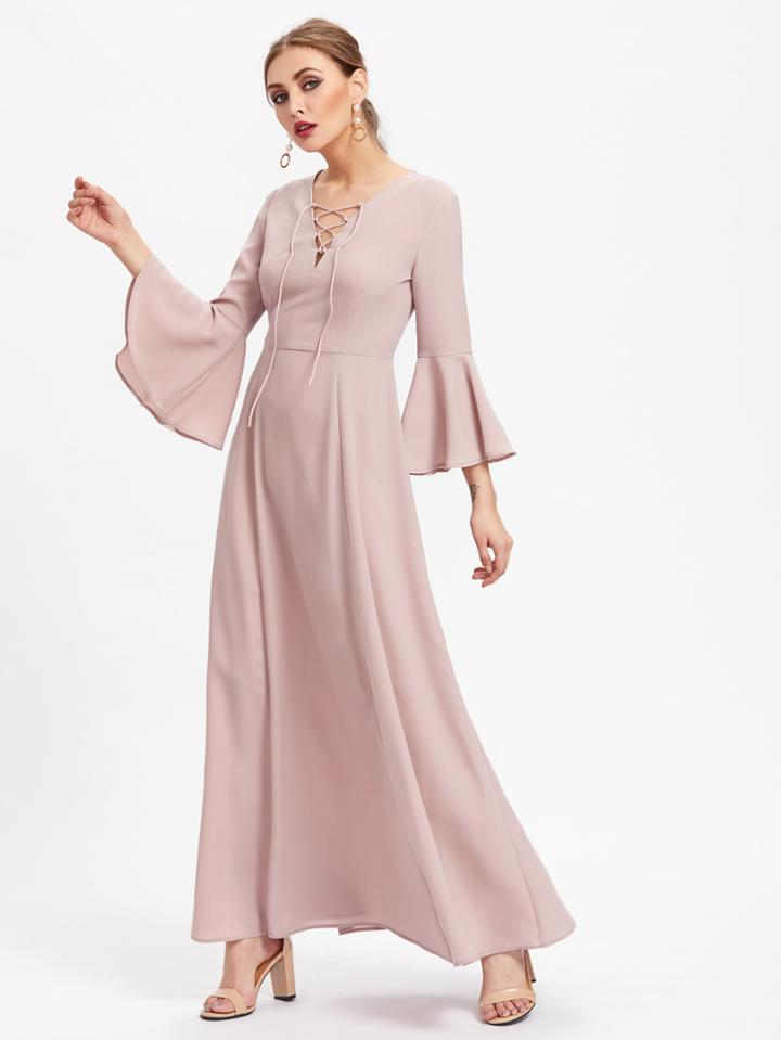 Romwe Lace Up Front Fluted Sleeve Dress