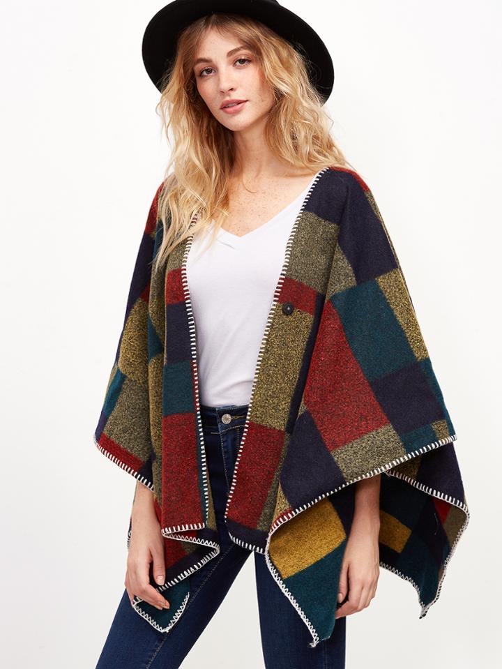 Romwe Color Block Whipstitch Trim Poncho Coat