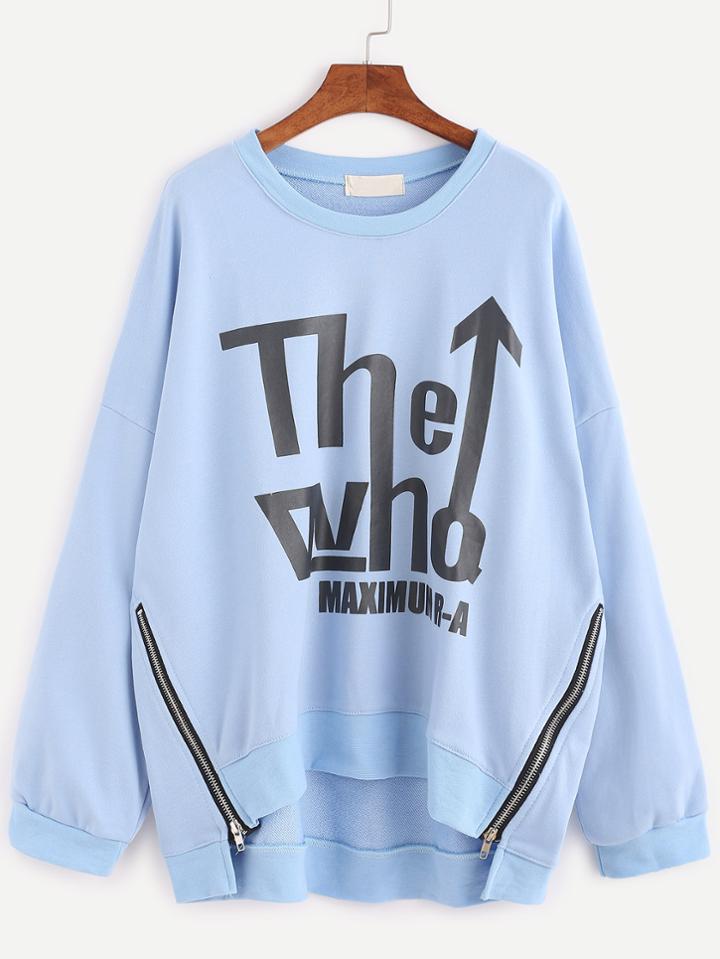 Romwe Blue Letter Print Zipper High Low Sweatshirt