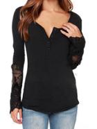 Romwe Black V Neck Split Lace Slim Blouse