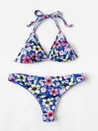 Romwe Calico Print Ruched Detail Mesh Insert Bikini Set