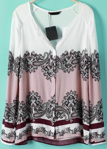 Romwe White Pink V Neck Long Sleeve Floral Blouse