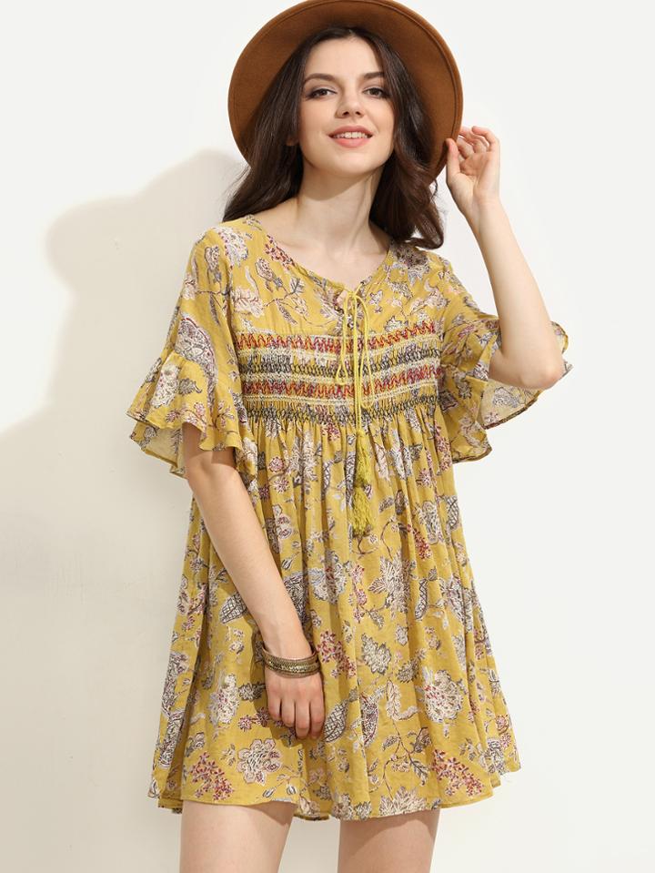 Romwe Yellow Ruffle Sleeve Florals Lace Up Dress