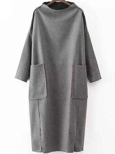 Romwe Dropped Shoulder Seam Slit Loose Dress With Pockets