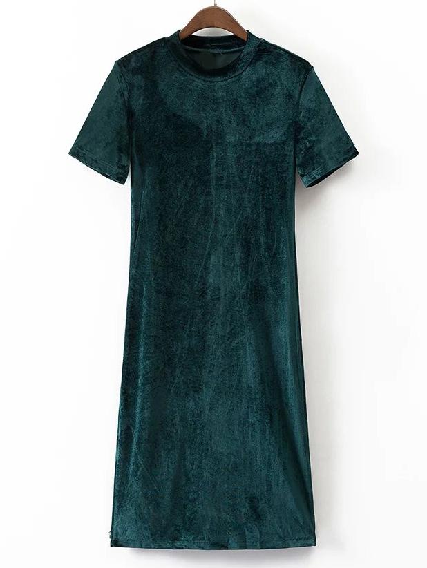 Romwe Dark Green Mock Neck Short Sleeve Velvet Dress