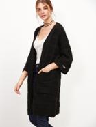 Romwe Black Drop Shoulder Pocket Textured Cardigan Coat